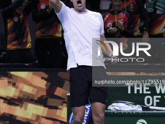 MALAGA, SPAIN - NOVEMBER 20: Daniel Altmaier of Team Germany celebrates the victory after his singles match against Gabriel Diallo of Team C...