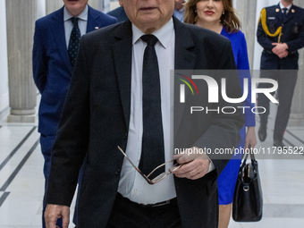 Jaroslaw Kaczynski leader of the Law and Justice party, on his way to a sitting of the Polish Parliament in Warsaw, Poland, on November 19,...