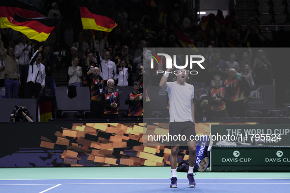 MALAGA, SPAIN - NOVEMBER 20: Daniel Altmaier of Team Germany celebrates the victory after his singles match against Gabriel Diallo of Team C...