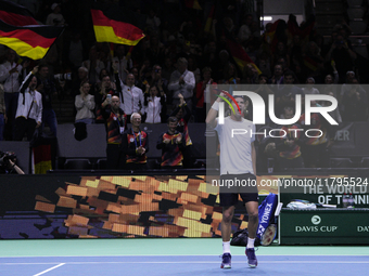 MALAGA, SPAIN - NOVEMBER 20: Daniel Altmaier of Team Germany celebrates the victory after his singles match against Gabriel Diallo of Team C...