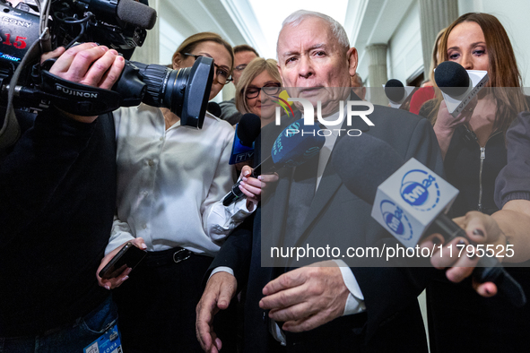 Jaroslaw Kaczynski leader of the Law and Justice party, on his way to a sitting of the Polish Parliament, speaks to journalists in Warsaw, P...