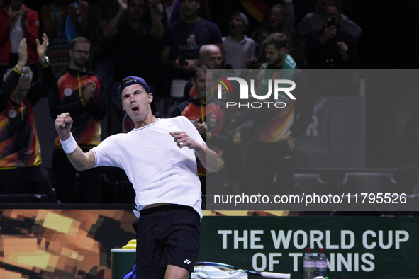 MALAGA, SPAIN - NOVEMBER 20: Daniel Altmaier of Team Germany celebrates the victory after his singles match against Gabriel Diallo of Team C...