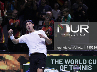 MALAGA, SPAIN - NOVEMBER 20: Daniel Altmaier of Team Germany celebrates the victory after his singles match against Gabriel Diallo of Team C...