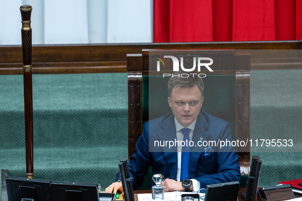 Marshal of the Sejm Szymon Holownia leads a meeting of the Polish Parliament  in Warsaw, Poland, on November 19, 2024. 