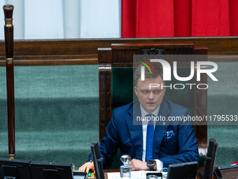 Marshal of the Sejm Szymon Holownia leads a meeting of the Polish Parliament  in Warsaw, Poland, on November 19, 2024. (