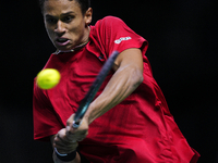 MALAGA, SPAIN - NOVEMBER 20: Gabriel Diallo of Team Canada in his singles match against Daniel Altmaier of Team Germany during the Quarter-F...