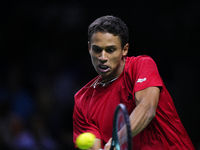 MALAGA, SPAIN - NOVEMBER 20: Gabriel Diallo of Team Canada in his singles match against Daniel Altmaier of Team Germany during the Quarter-F...