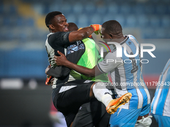 Tumisang Orebonye and Goitseone Phoko of the Botswana team celebrate after qualifying for the Africa Cup of Nations in Morocco on June 25, f...