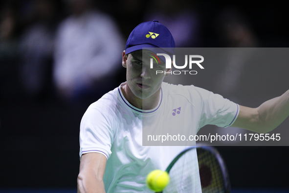 MALAGA, SPAIN - NOVEMBER 20: Daniel Altmaier of Team Germany in his singles match against Gabriel Diallo of Team Canada during the Quarter-F...