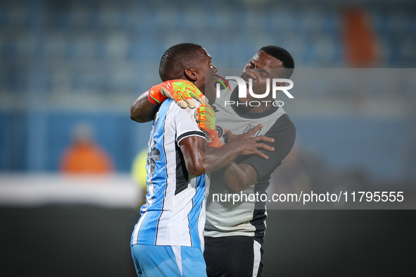 Goitseone Phoko and Godiraone Modingwane of the Botswana team celebrate after qualifying for the Africa Cup of Nations in Morocco on June 25...