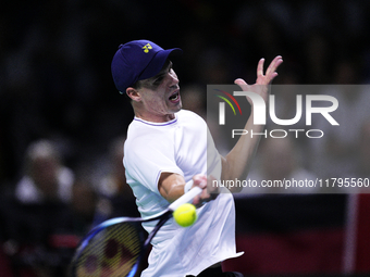 MALAGA, SPAIN - NOVEMBER 20: Daniel Altmaier of Team Germany in his singles match against Gabriel Diallo of Team Canada during the Quarter-F...