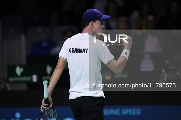 MALAGA, SPAIN - NOVEMBER 20: Daniel Altmaier of Team Germany in his singles match against Gabriel Diallo of Team Canada during the Quarter-F...