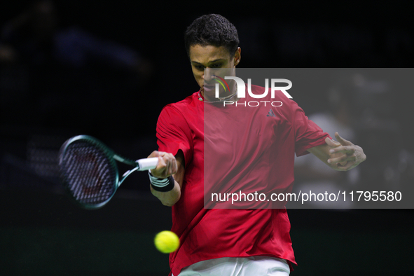 MALAGA, SPAIN - NOVEMBER 20: Gabriel Diallo of Team Canada in his singles match against Daniel Altmaier of Team Germany during the Quarter-F...