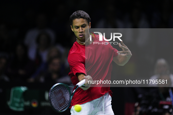 MALAGA, SPAIN - NOVEMBER 20: Gabriel Diallo of Team Canada in his singles match against Daniel Altmaier of Team Germany during the Quarter-F...