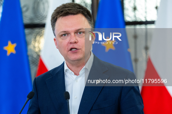 Szymon Holownia, Speaker of the Polish Parliament during a press conference at the Polish Parliament  in Warsaw, Poland, on November 19, 202...