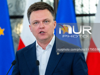 Szymon Holownia, Speaker of the Polish Parliament during a press conference at the Polish Parliament  in Warsaw, Poland, on November 19, 202...