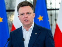 Szymon Holownia, Speaker of the Polish Parliament during a press conference at the Polish Parliament  in Warsaw, Poland, on November 19, 202...