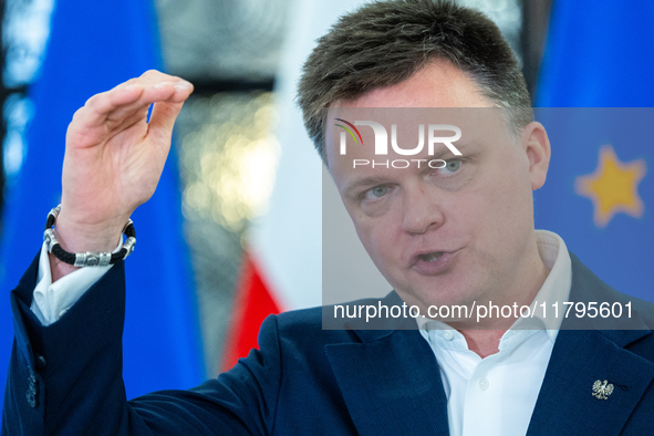 Szymon Holownia, Speaker of the Polish Parliament during a press conference at the Polish Parliament  in Warsaw, Poland, on November 19, 202...