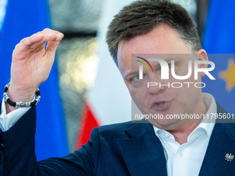 Szymon Holownia, Speaker of the Polish Parliament during a press conference at the Polish Parliament  in Warsaw, Poland, on November 19, 202...