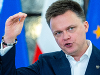 Szymon Holownia, Speaker of the Polish Parliament during a press conference at the Polish Parliament  in Warsaw, Poland, on November 19, 202...