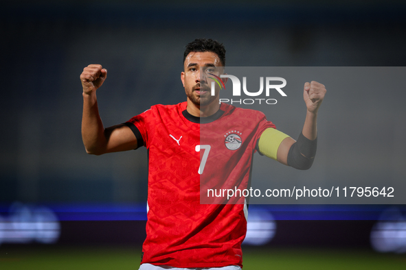 Mahmoud Trezeguet of the Egypt team celebrates after scoring the first goal during the Africa Cup of Nations Qualifiers match between Egypt...