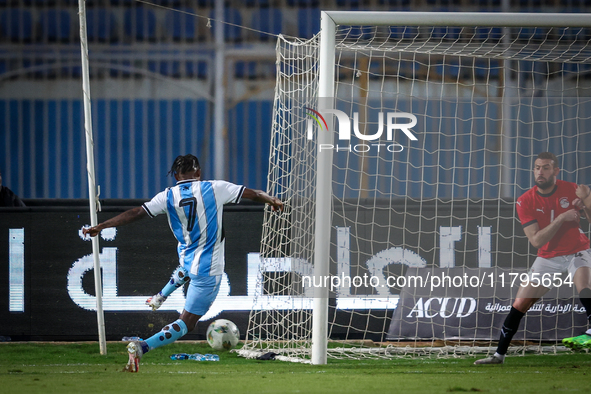 Kabelo Seakanyeng of the Botswana team scores the first goal during the Africa Cup of Nations Qualifiers match between Egypt and Botswana at...