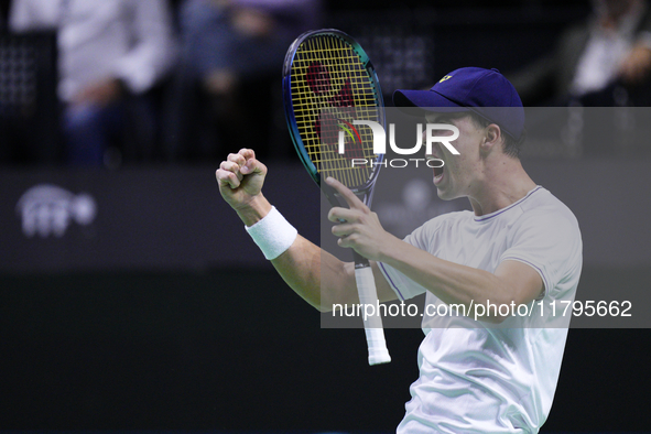 MALAGA, SPAIN - NOVEMBER 20: Daniel Altmaier of Team Germany celebrates the victory after his singles match against Gabriel Diallo of Team C...