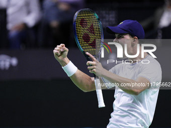 MALAGA, SPAIN - NOVEMBER 20: Daniel Altmaier of Team Germany celebrates the victory after his singles match against Gabriel Diallo of Team C...