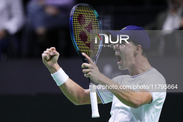 MALAGA, SPAIN - NOVEMBER 20: Daniel Altmaier of Team Germany celebrates the victory after his singles match against Gabriel Diallo of Team C...