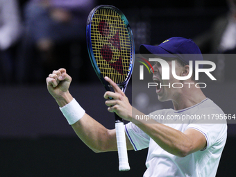 MALAGA, SPAIN - NOVEMBER 20: Daniel Altmaier of Team Germany celebrates the victory after his singles match against Gabriel Diallo of Team C...