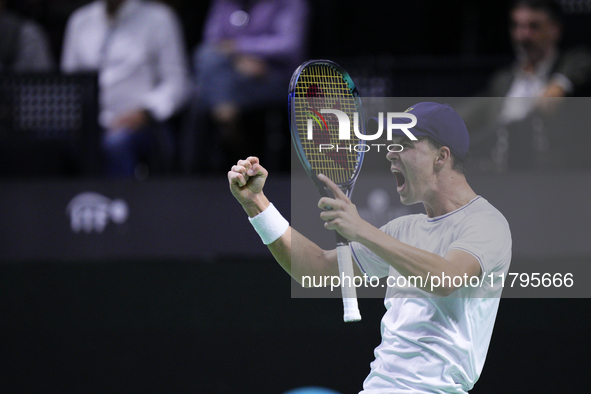 MALAGA, SPAIN - NOVEMBER 20: Daniel Altmaier of Team Germany celebrates the victory after his singles match against Gabriel Diallo of Team C...