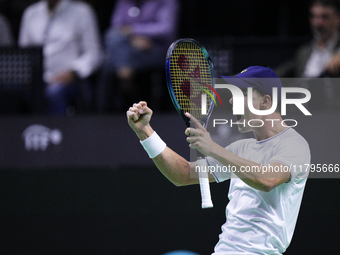 MALAGA, SPAIN - NOVEMBER 20: Daniel Altmaier of Team Germany celebrates the victory after his singles match against Gabriel Diallo of Team C...