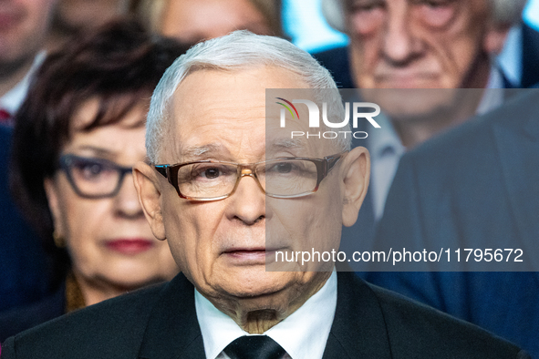 Jaroslaw Kaczynski, leader of the Law and Justice party, speaks to journalists during a press conference on party finances in Warsaw, Poland...