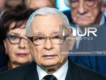 Jaroslaw Kaczynski, leader of the Law and Justice party, speaks to journalists during a press conference on party finances in Warsaw, Poland...