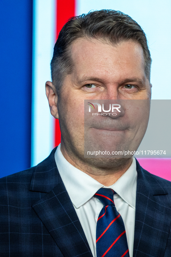 Przemyslaw Czarnek  member of the Law and Justice party,  during a press conference on party finances in Warsaw, Poland, on November 19, 202...