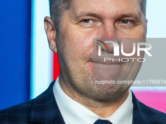 Przemyslaw Czarnek  member of the Law and Justice party,  during a press conference on party finances in Warsaw, Poland, on November 19, 202...