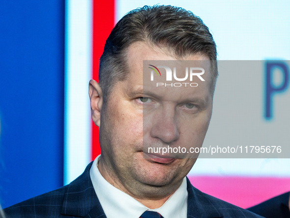 Przemyslaw Czarnek  member of the Law and Justice party,  during a press conference on party finances in Warsaw, Poland, on November 19, 202...