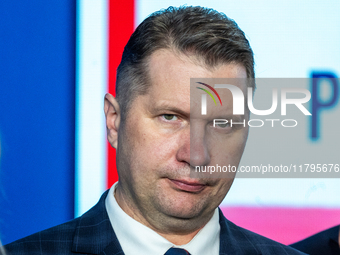 Przemyslaw Czarnek  member of the Law and Justice party,  during a press conference on party finances in Warsaw, Poland, on November 19, 202...