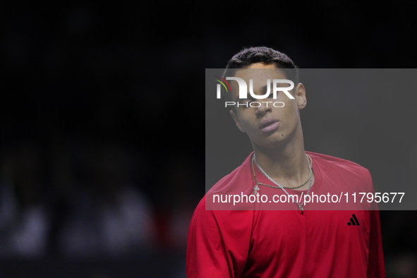 MALAGA, SPAIN - NOVEMBER 20: Gabriel Diallo of Team Canada dejected after lossing his singles match against Daniel Altmaier of Team Germany...