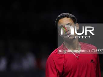 MALAGA, SPAIN - NOVEMBER 20: Gabriel Diallo of Team Canada dejected after lossing his singles match against Daniel Altmaier of Team Germany...