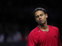 MALAGA, SPAIN - NOVEMBER 20: Gabriel Diallo of Team Canada dejected after lossing his singles match against Daniel Altmaier of Team Germany...