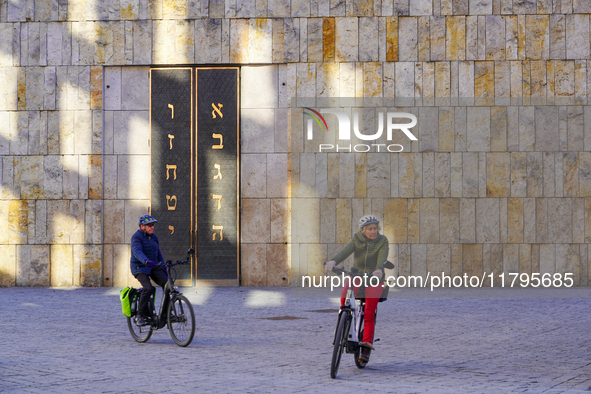 This scene highlights the portal wall of the Ohel Jakob Synagogue, located in St. Jakob's Square in Munich, Germany, on January 7, 2023. The...