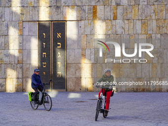 This scene highlights the portal wall of the Ohel Jakob Synagogue, located in St. Jakob's Square in Munich, Germany, on January 7, 2023. The...