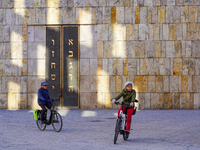 This scene highlights the portal wall of the Ohel Jakob Synagogue, located in St. Jakob's Square in Munich, Germany, on January 7, 2023. The...