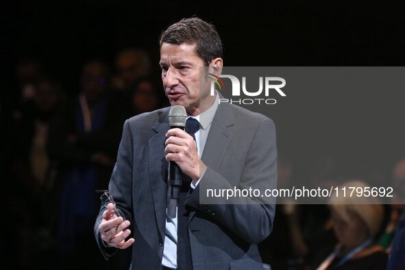 Cannes' mayor and AMF president David Lisnard delivers a speech during the 106th session of the Congress of Mayors organized by the ''France...