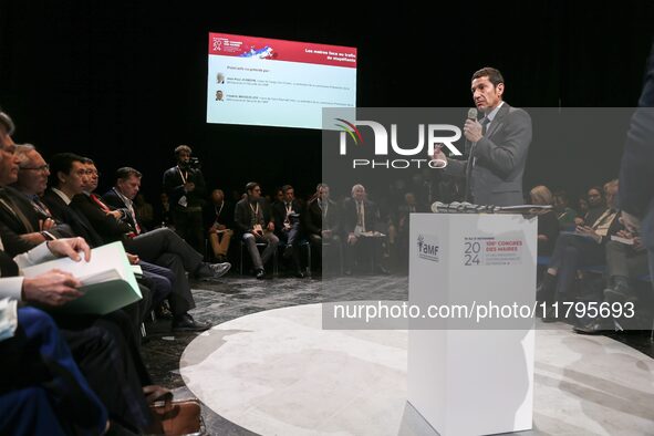 Cannes' mayor and AMF president David Lisnard delivers a speech during the 106th session of the Congress of Mayors organized by the ''France...