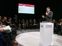 Cannes' mayor and AMF president David Lisnard delivers a speech during the 106th session of the Congress of Mayors organized by the ''France...