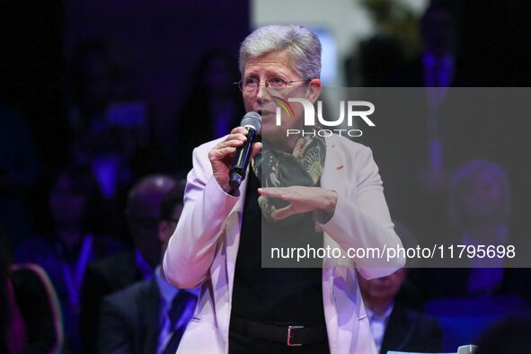 French Minister of Health and Access to Care Genevieve Darrieussecq delivers a speech during the 106th session of the Congress of Mayors org...