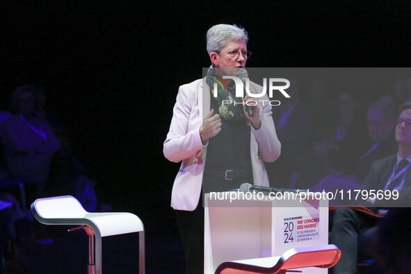 French Minister of Health and Access to Care Genevieve Darrieussecq delivers a speech during the 106th session of the Congress of Mayors org...