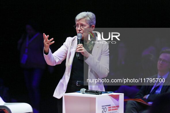 French Minister of Health and Access to Care Genevieve Darrieussecq delivers a speech during the 106th session of the Congress of Mayors org...